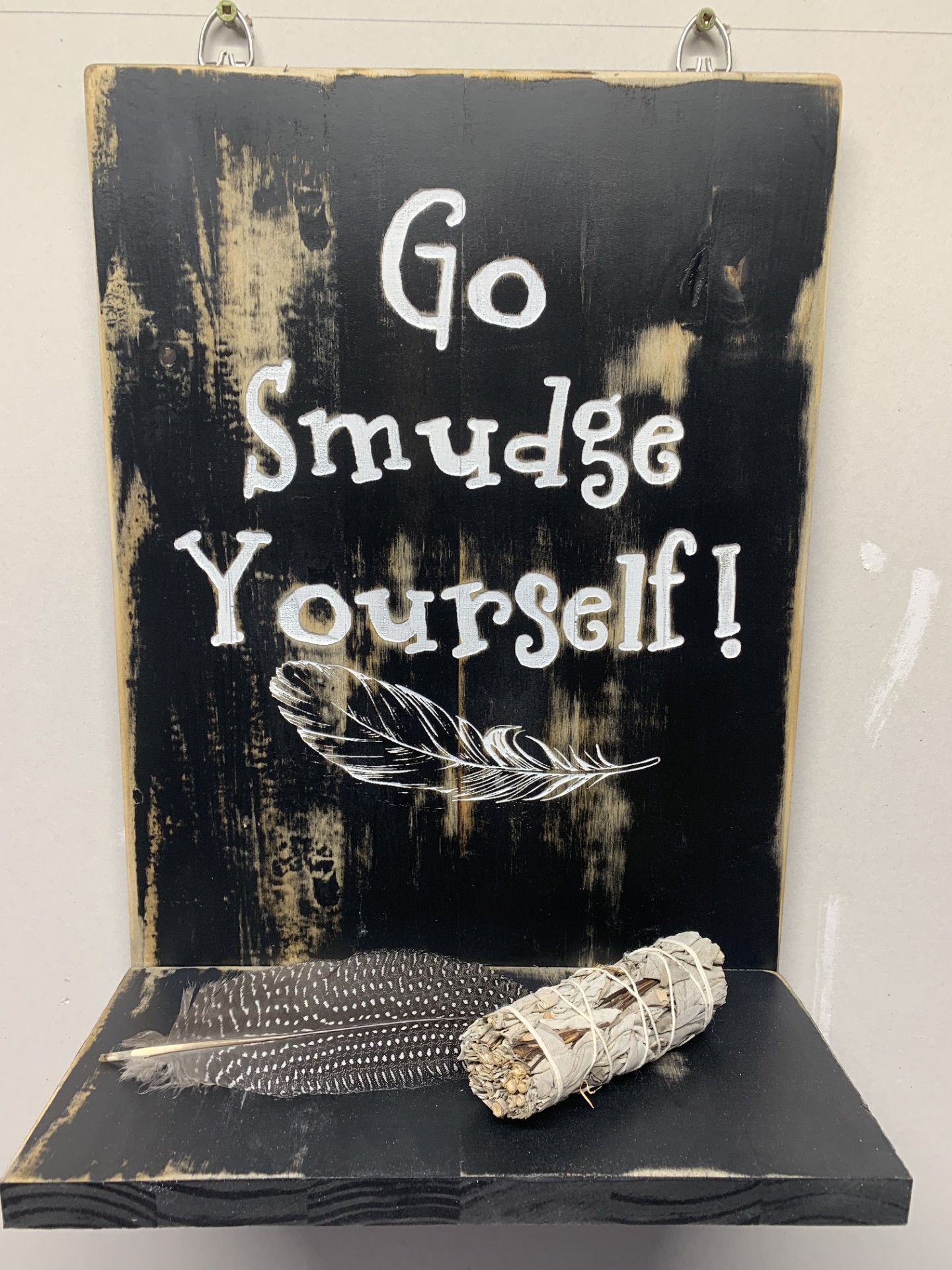 Smudge Shelf Comes with a stick of sage grass and feather $45.00 Smudge Shelf Comes with a stick of sage grass and feather $45.00